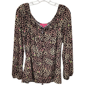 Betsey Johnson Top Women Sz M Brown Animal Print Roses Long Sleeve‎ Stretchy EUC
